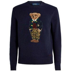 Polo Ralph Lauren Navy Knit CAMO PANTS Preppy BEAR Cotton Blend Sweater Men's